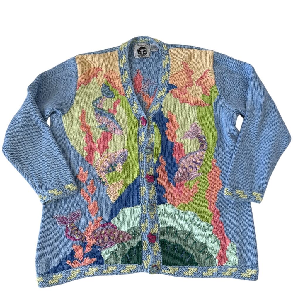 Vintage Storybook Knits Ocean Fantasy Cardigan Fish Sea Hand Knit Cottagecore 1X